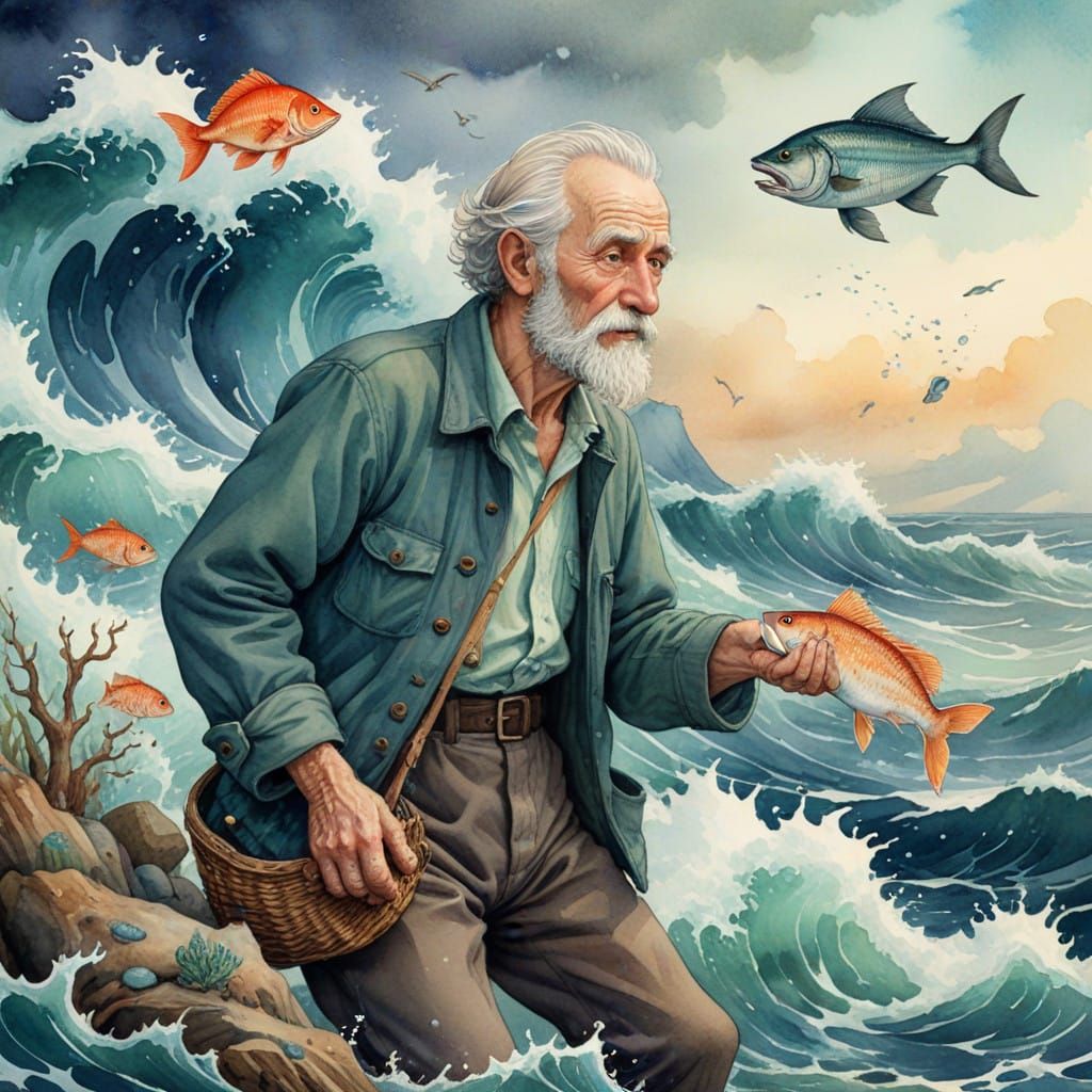 Vintage Storybook Illustration of an Old Man Fishing