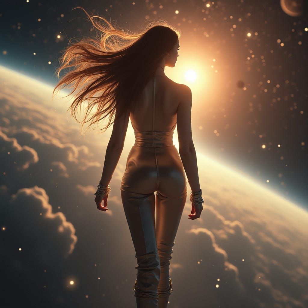 Ethereal Woman Emerges in Cosmic Epic Scene with Celestial B...