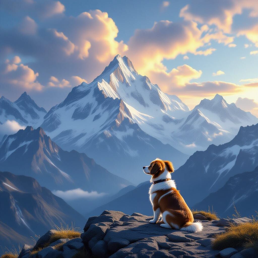 Sausage Dog Gazes at Majestic Mountains in Digital Matte Pai...