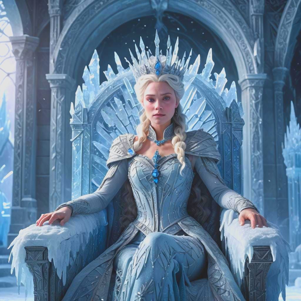 Snow Queen on Throne in Photorealistic Style