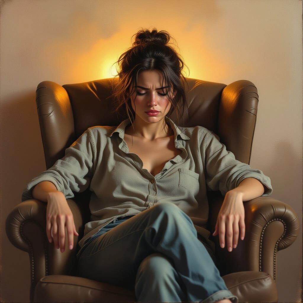 Exhausted Woman in Armchair, Saville Style