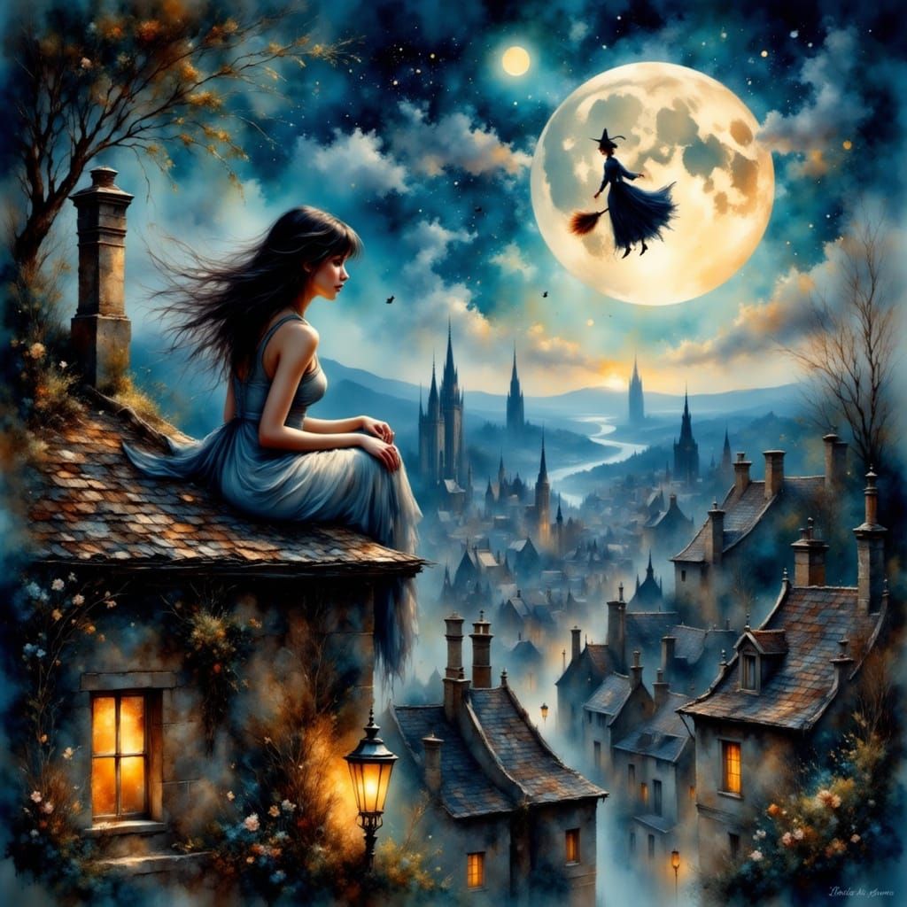 Medieval Rooftop Scene with Witch in Hyperrealism