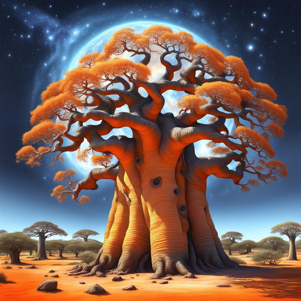 Cosmic Orange Baobab Tree in Hyperreal Digital Art