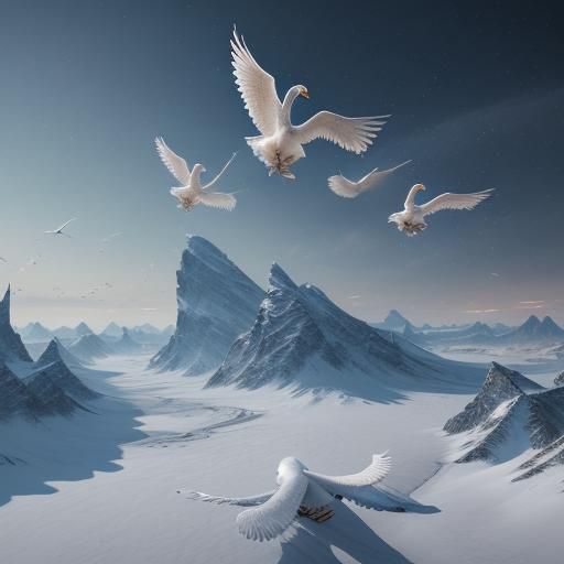 Swans Fly in Snowy Sky: Matte Painting