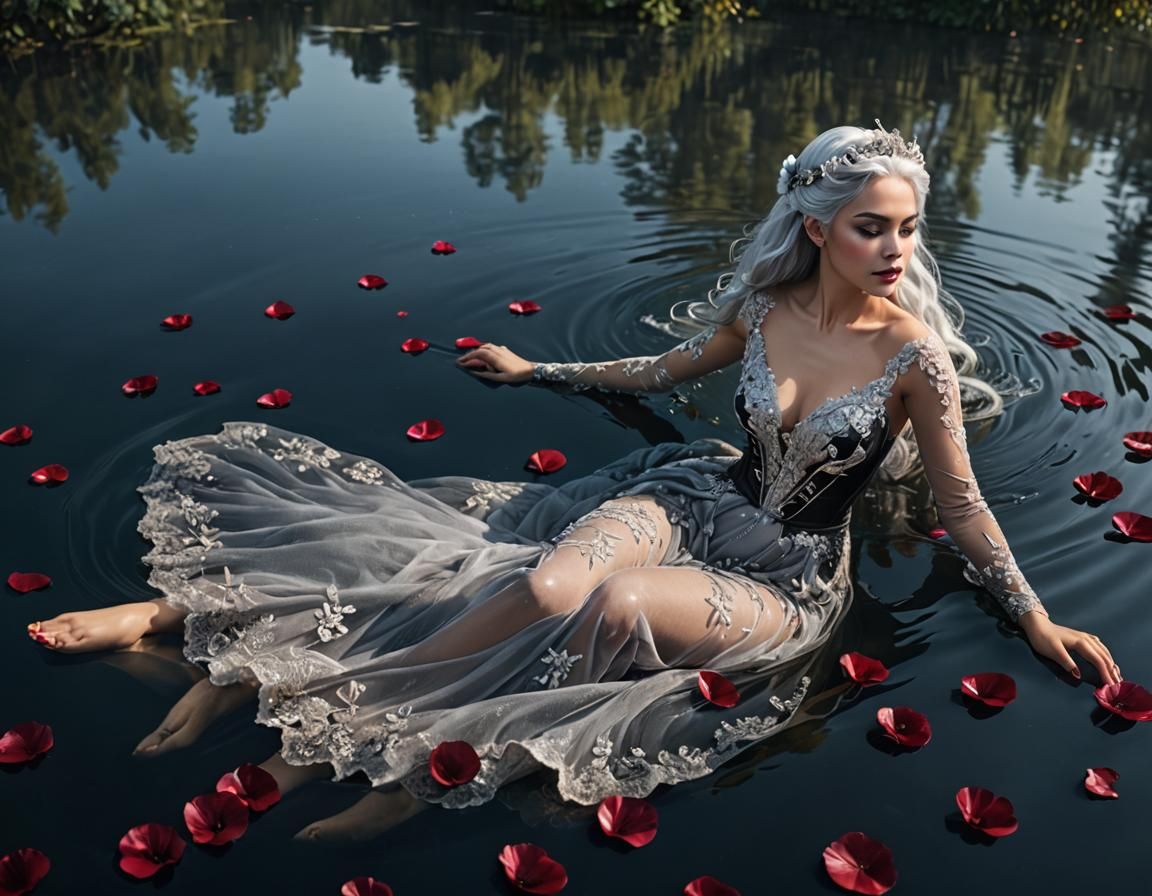 Silver-Haired Woman in Lake with Rose Petals