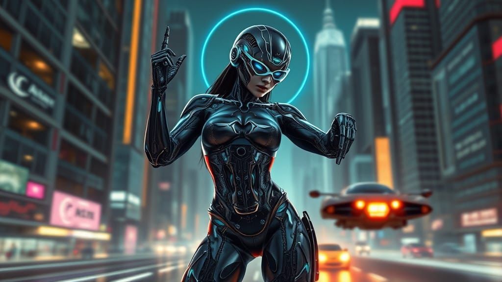 Heroic Cyborg in Neon-Lit Cityscape