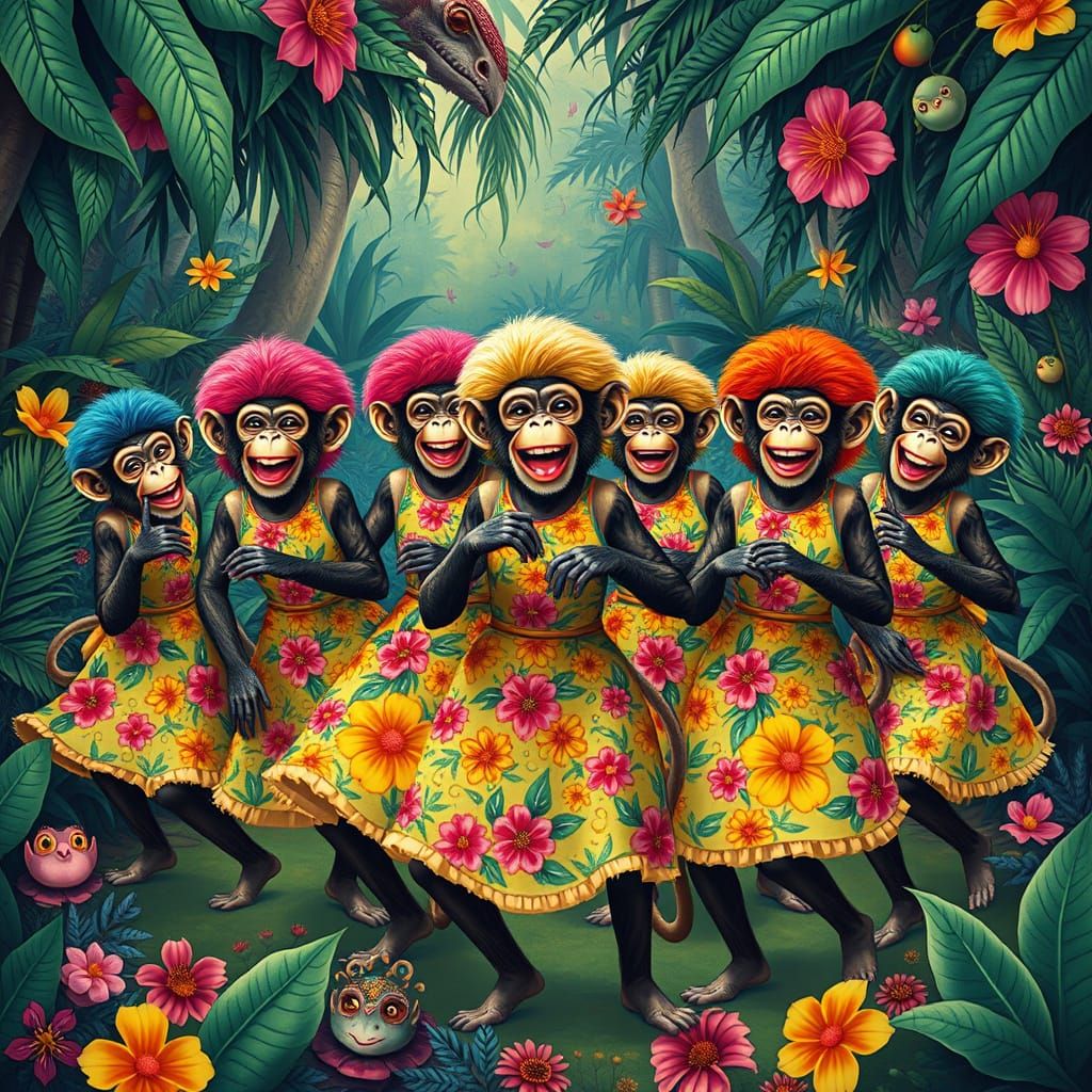 Monkeys Dancing the Twist in Jungle, Whimsical Style