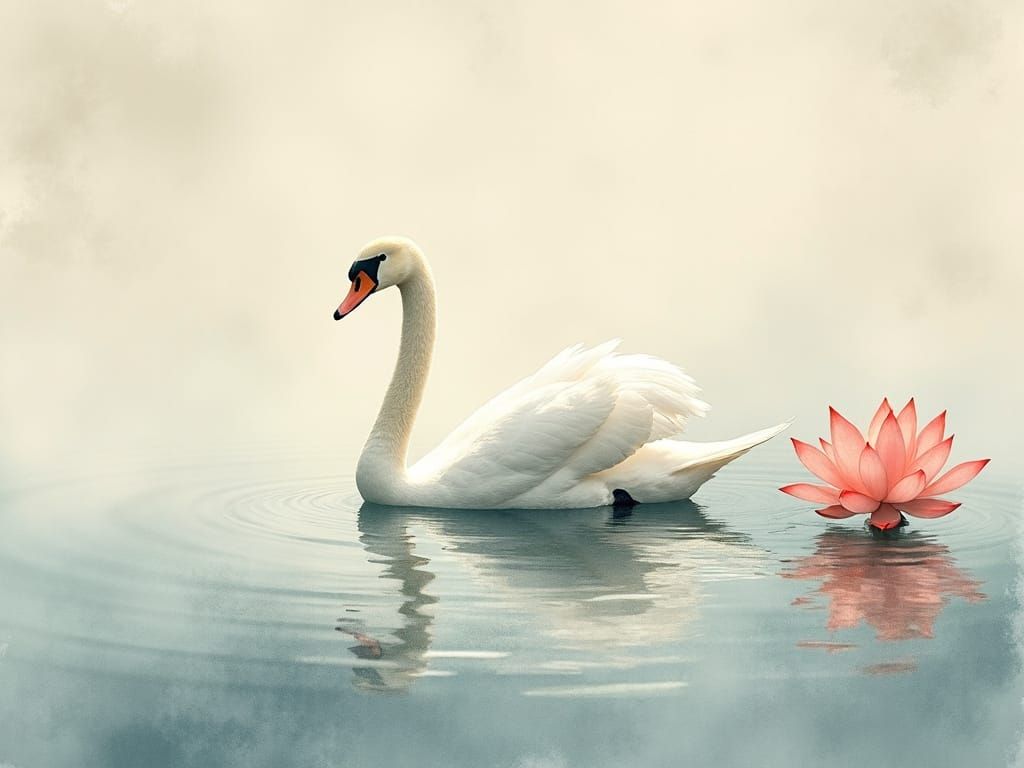 Japanese Watercolor Swan on Glassy Lake