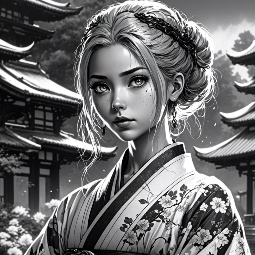 Monochrome Kimono Portrait in Anime Manga Style