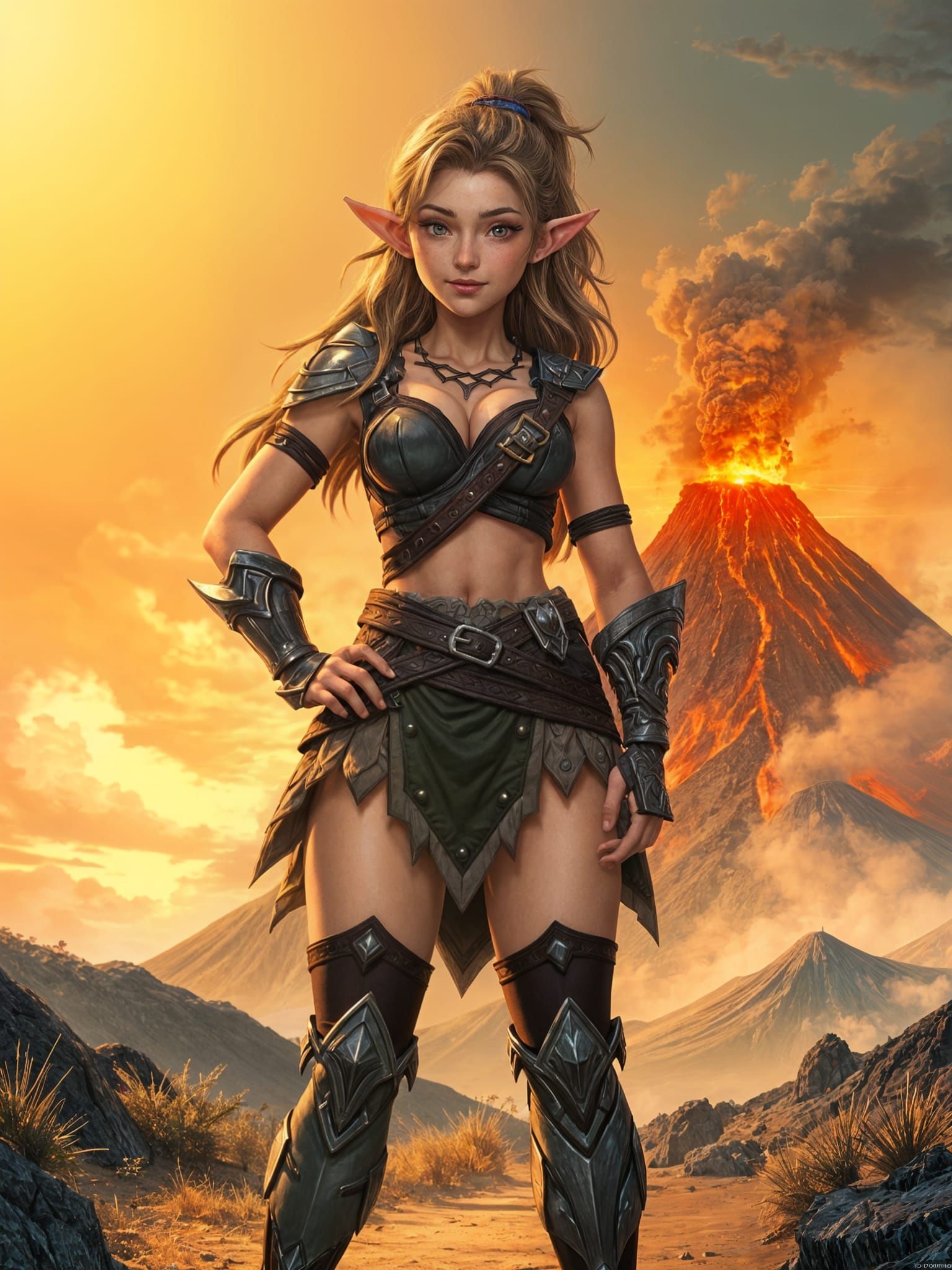 Elegant Anime Elfess Surveys Volcanic Landscape