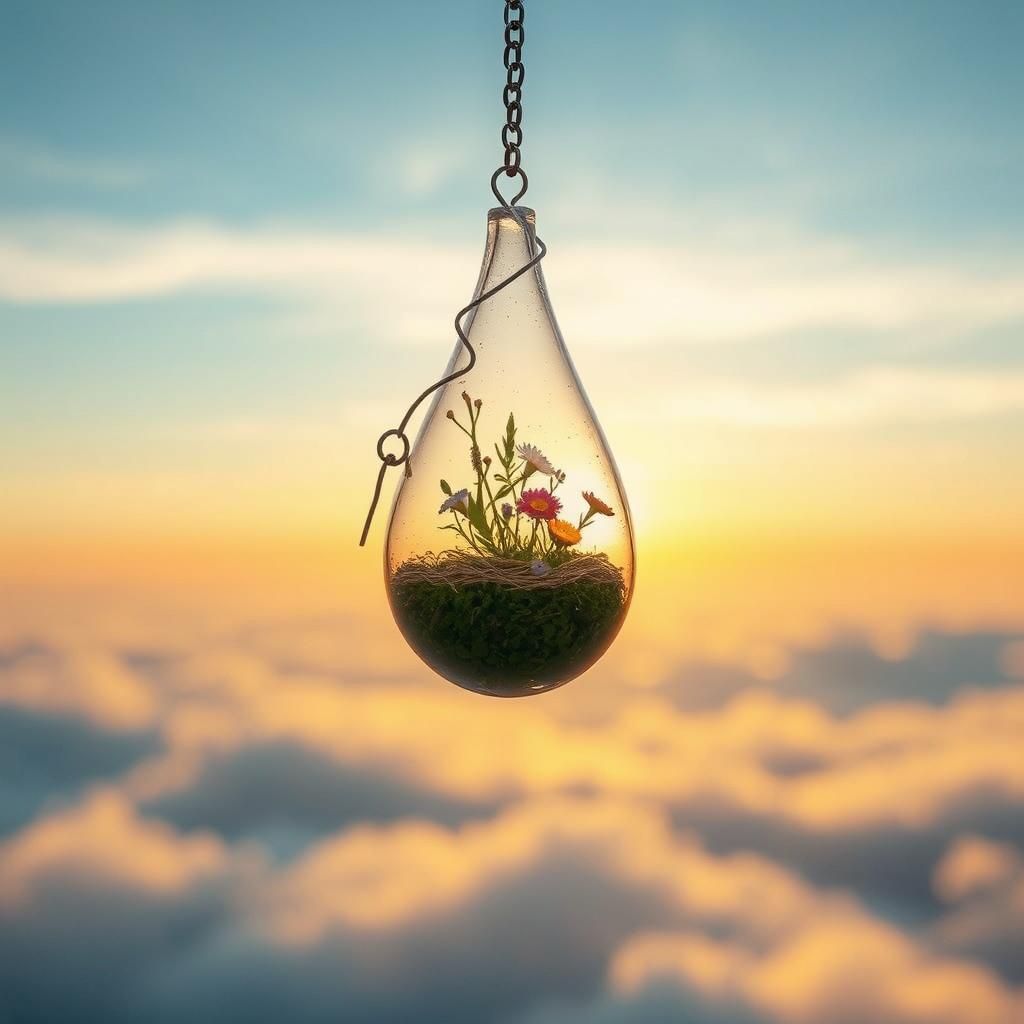 Teardrop Terrarium Suspended Above Sunrise Clouds