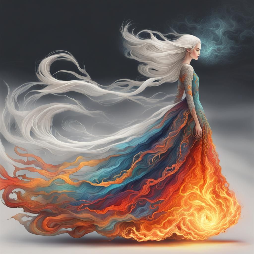 Girl in Fire Gown: Surreal Photorealistic Dark Fantasy