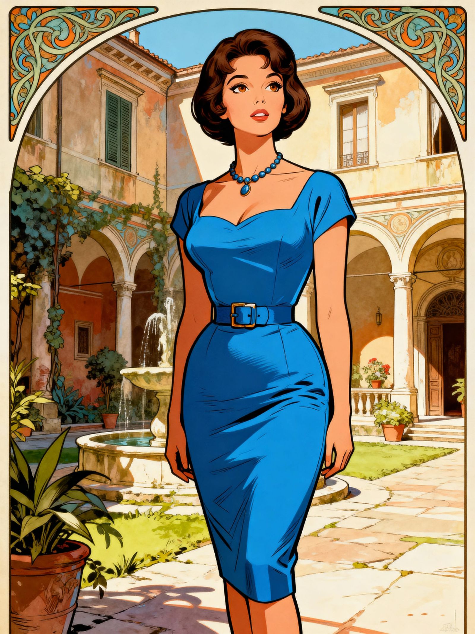 Sophia Loren in 1960s Italian Courtyard Comic Style