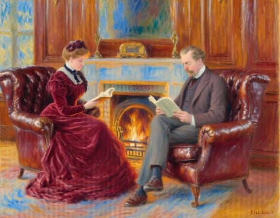 Victorian Couple Reading by Fireplace in Impressionist Style