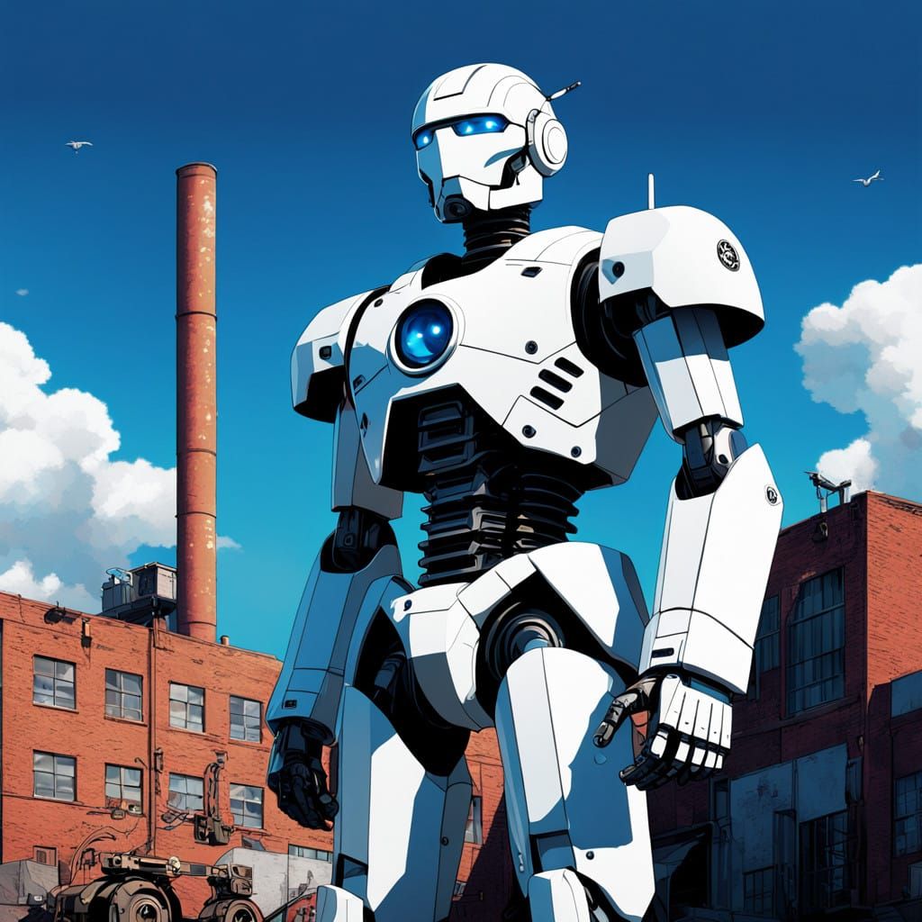 Cyborg Robot in Futuristic Industrial Landscape, Inspired by...