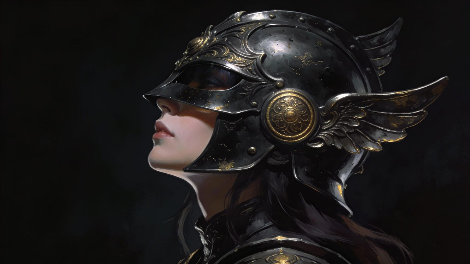 Ornate Blackened Steel Warrior Helmet with Gold Inlays