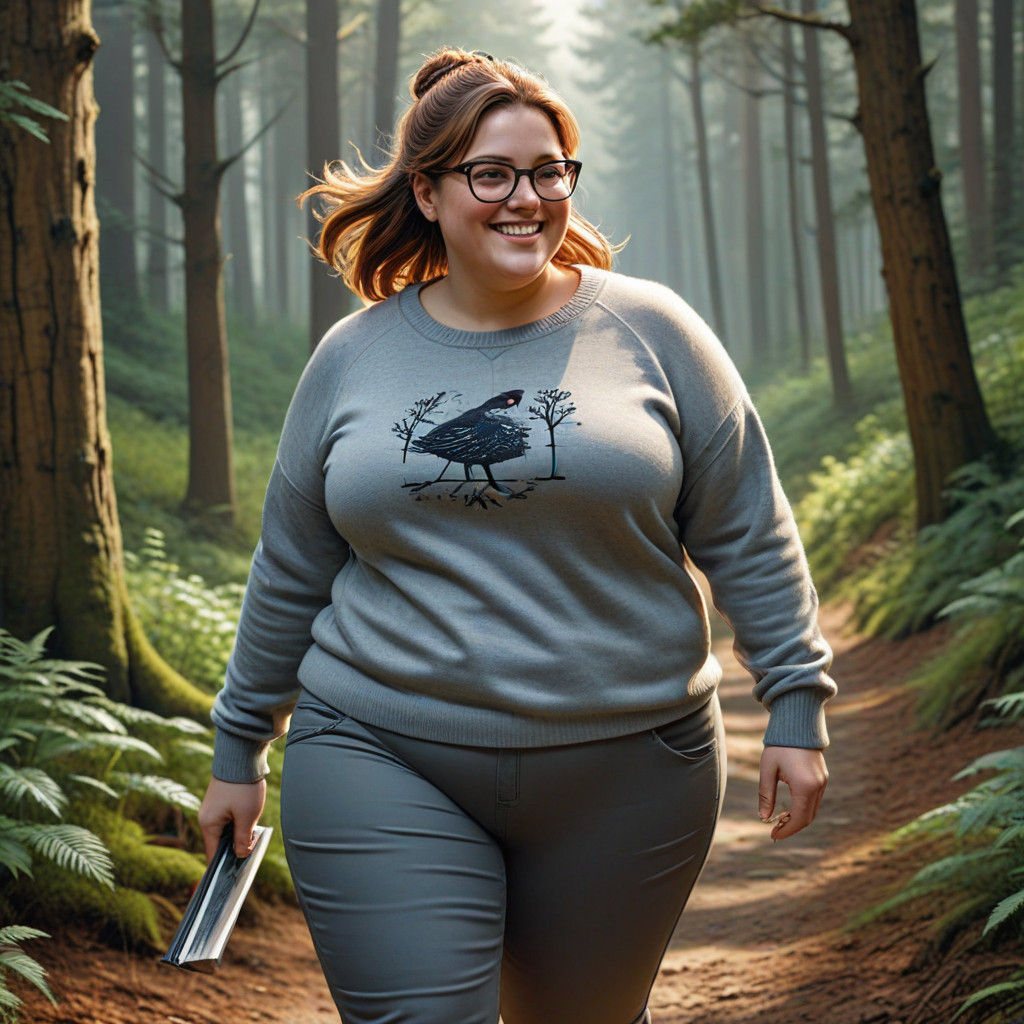 Chubby Woman Walking in Forest Landscape