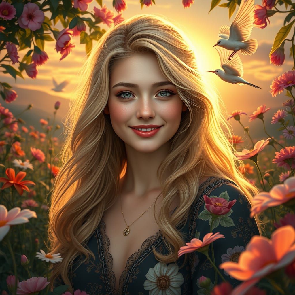 Enchanting Sunrise Goddess in Floral Sanctuary