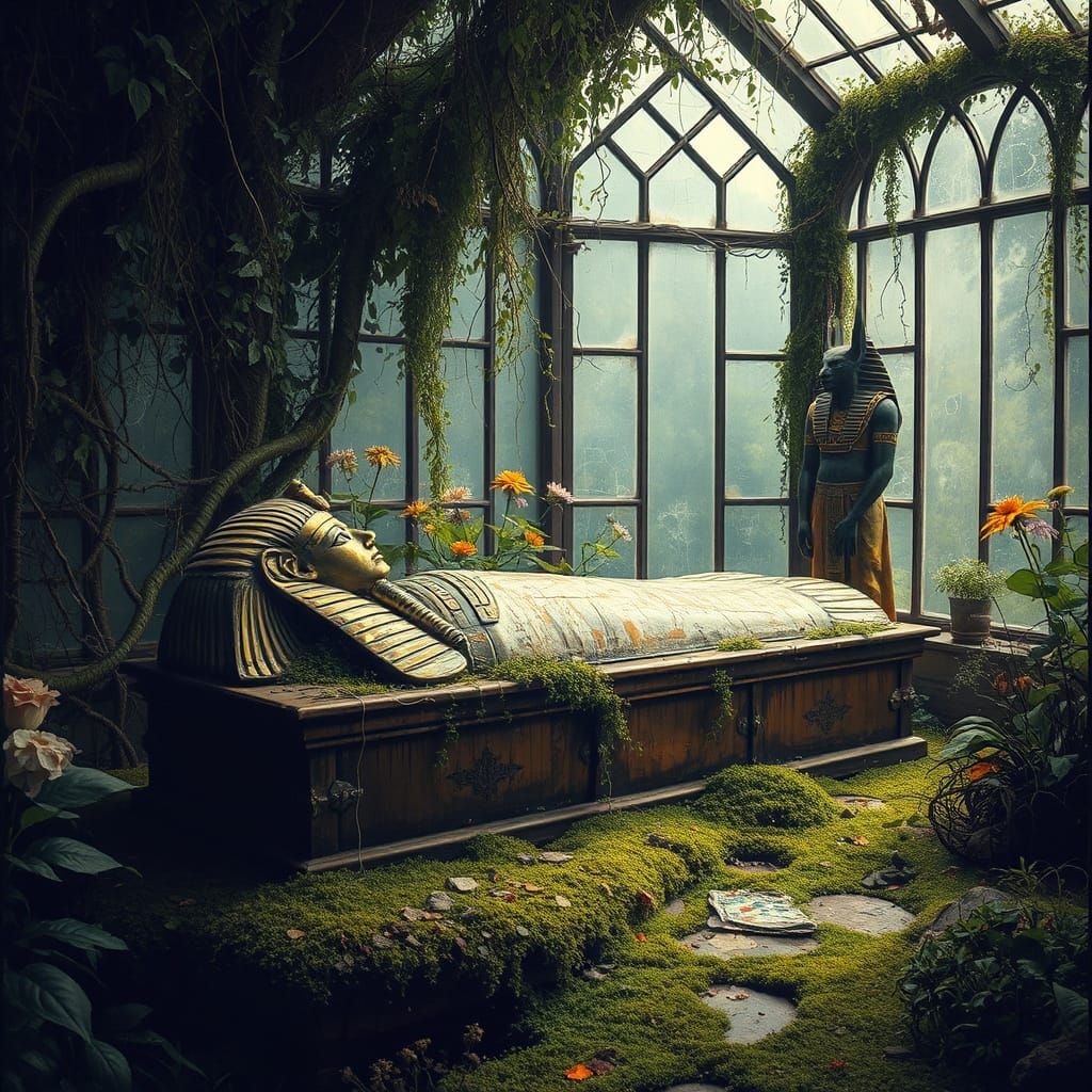 Bastet Watches Over Sarcophagus in Overgrown Greenhouse