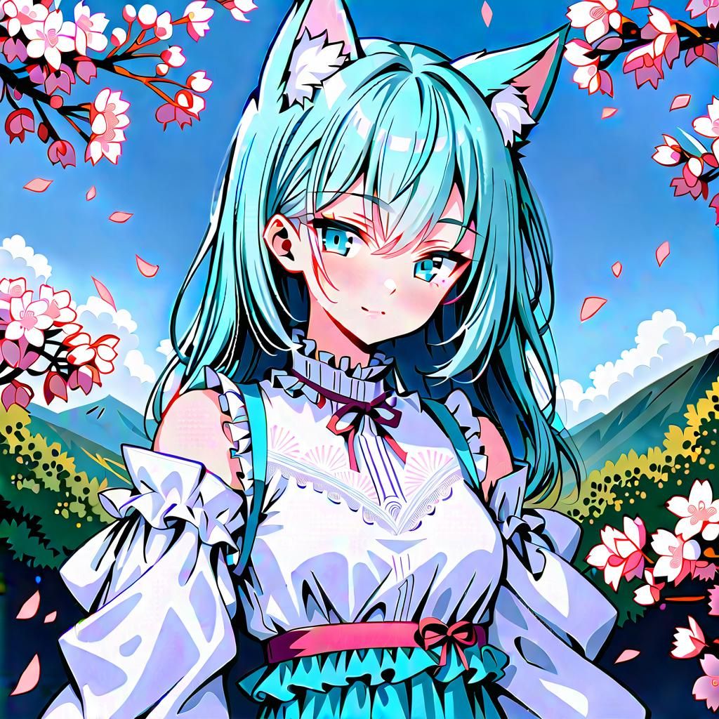 Cyan Fox Girl in Sakura Setting, Manga Art