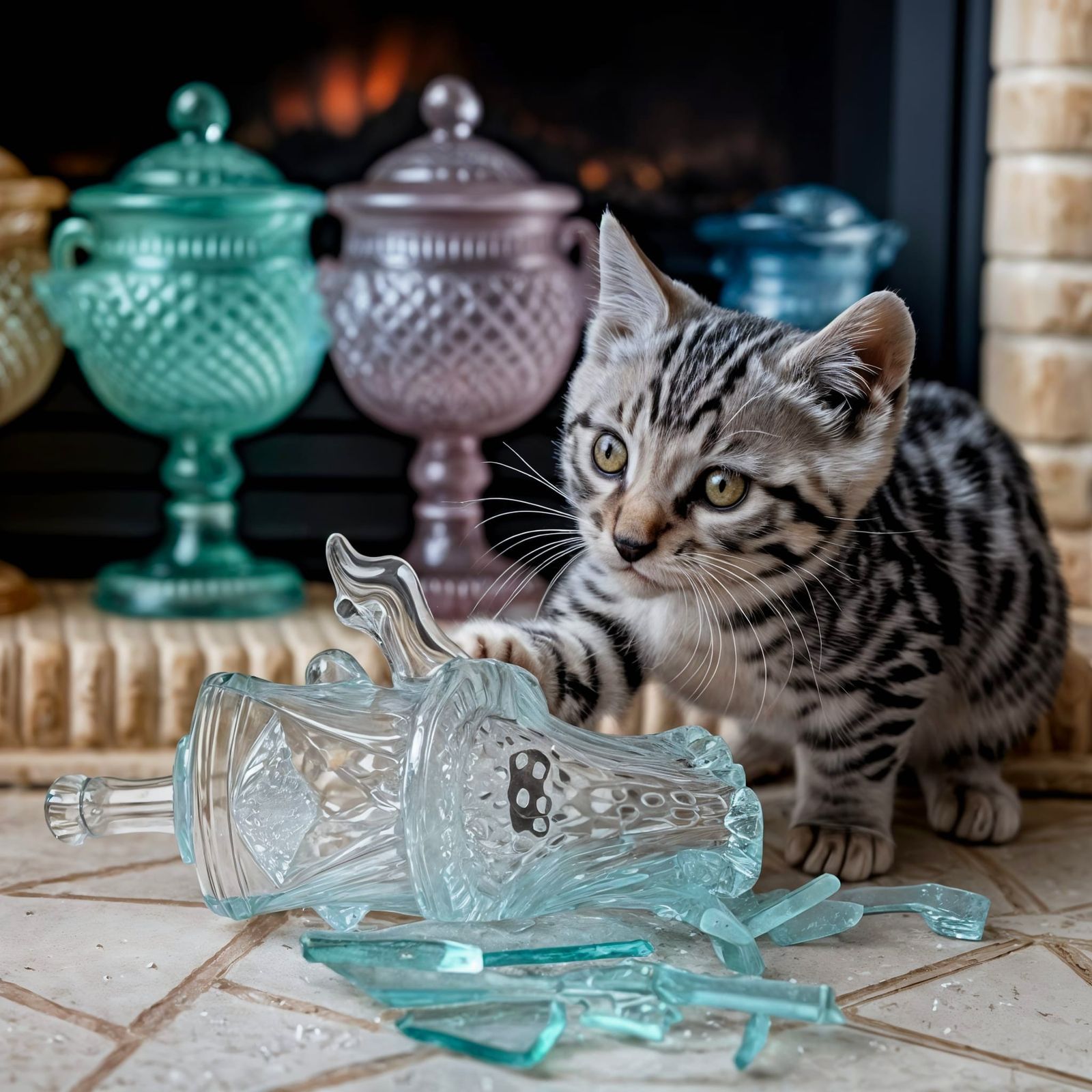 Mischievous Kitten's Glass Figurine Disaster