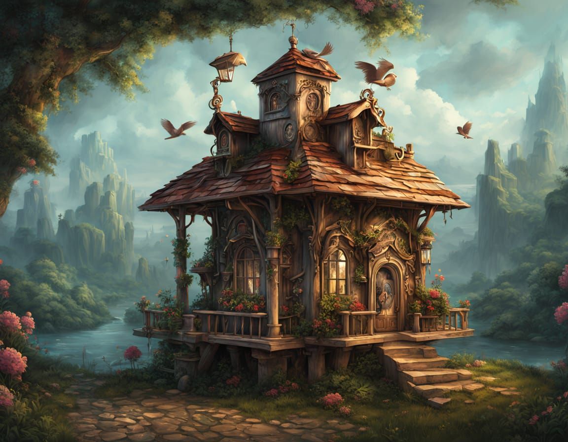 Ornate Birdhouse in Surreal Digital Art Style