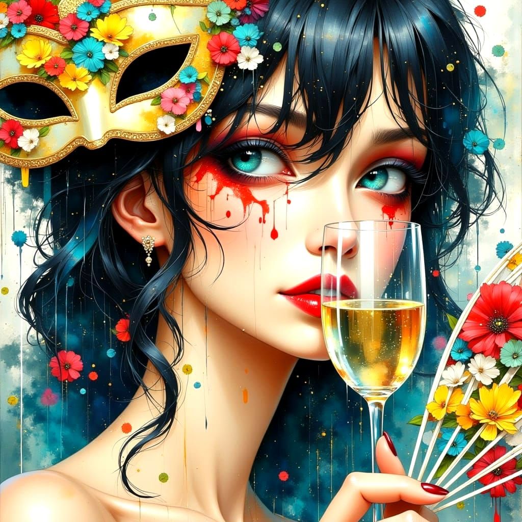 Dark-Haired Woman with Mask, Anime-Style Digital Art