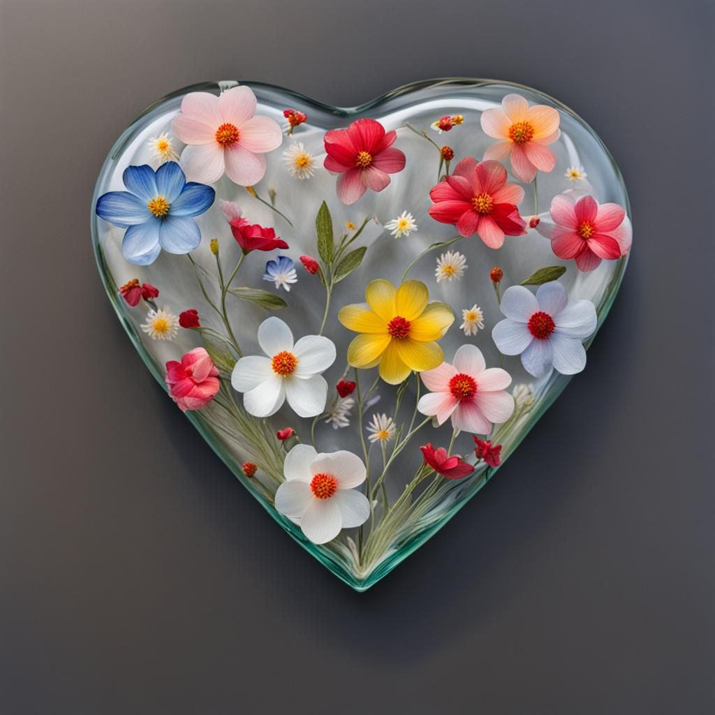 Glass Heart Overflowing with Flower Petals