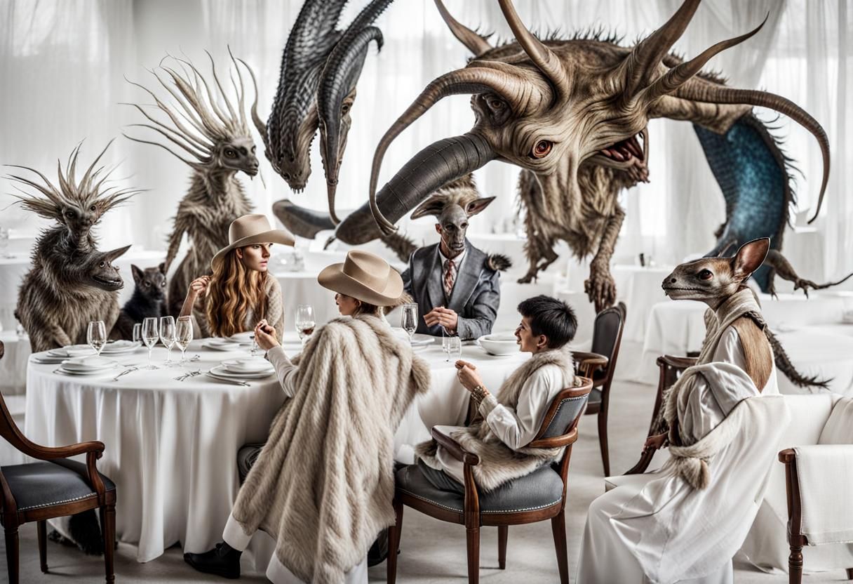 Surreal Alien Restaurant Celebration in Gritty Setting