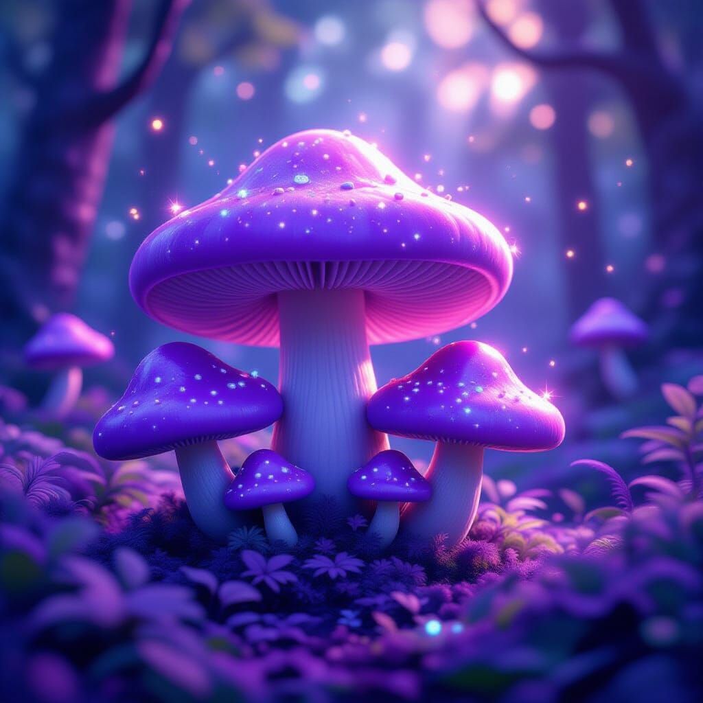 Cute Purple Fluffy Mushrooms in Enchanted Forest
