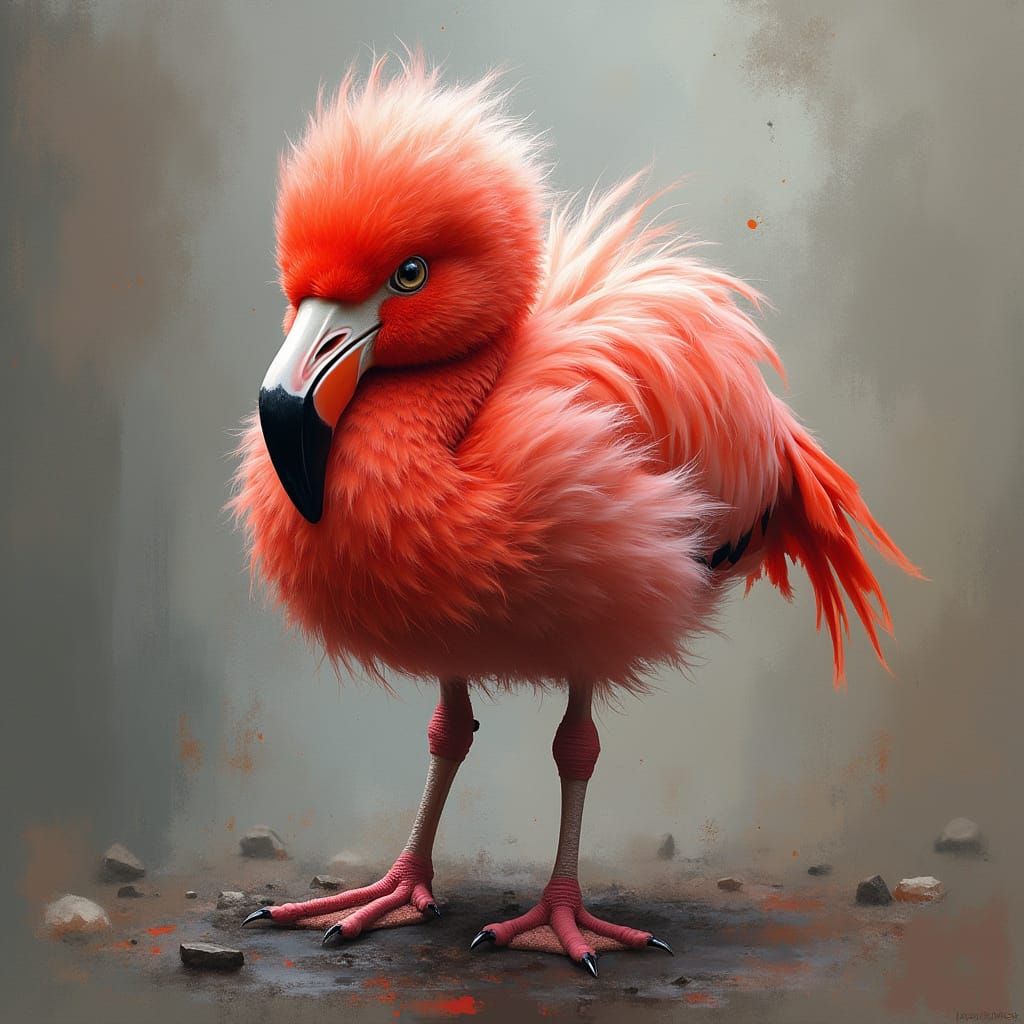 Cute Fluffy Baby Flamingo in Scratch Paint Style
