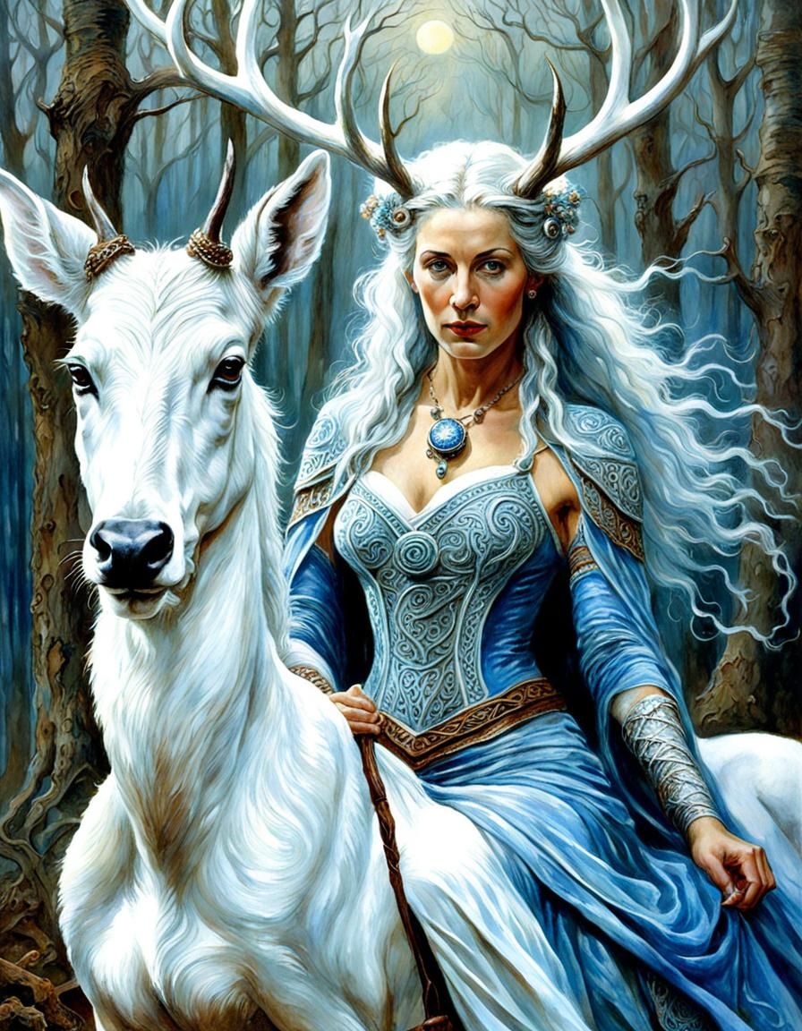 Celtic Sorceress on White Deer in Watercolor