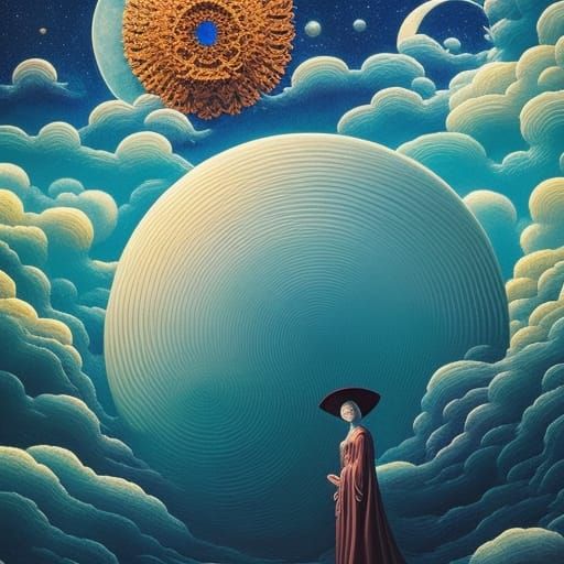 Woman in Sun and Moon Clouds, Fairytale Art
