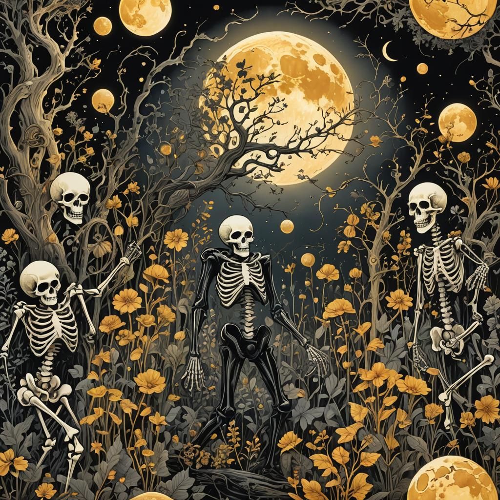 Golden Moonlit Dance of Ghosts: Whimsical Ink Illustration