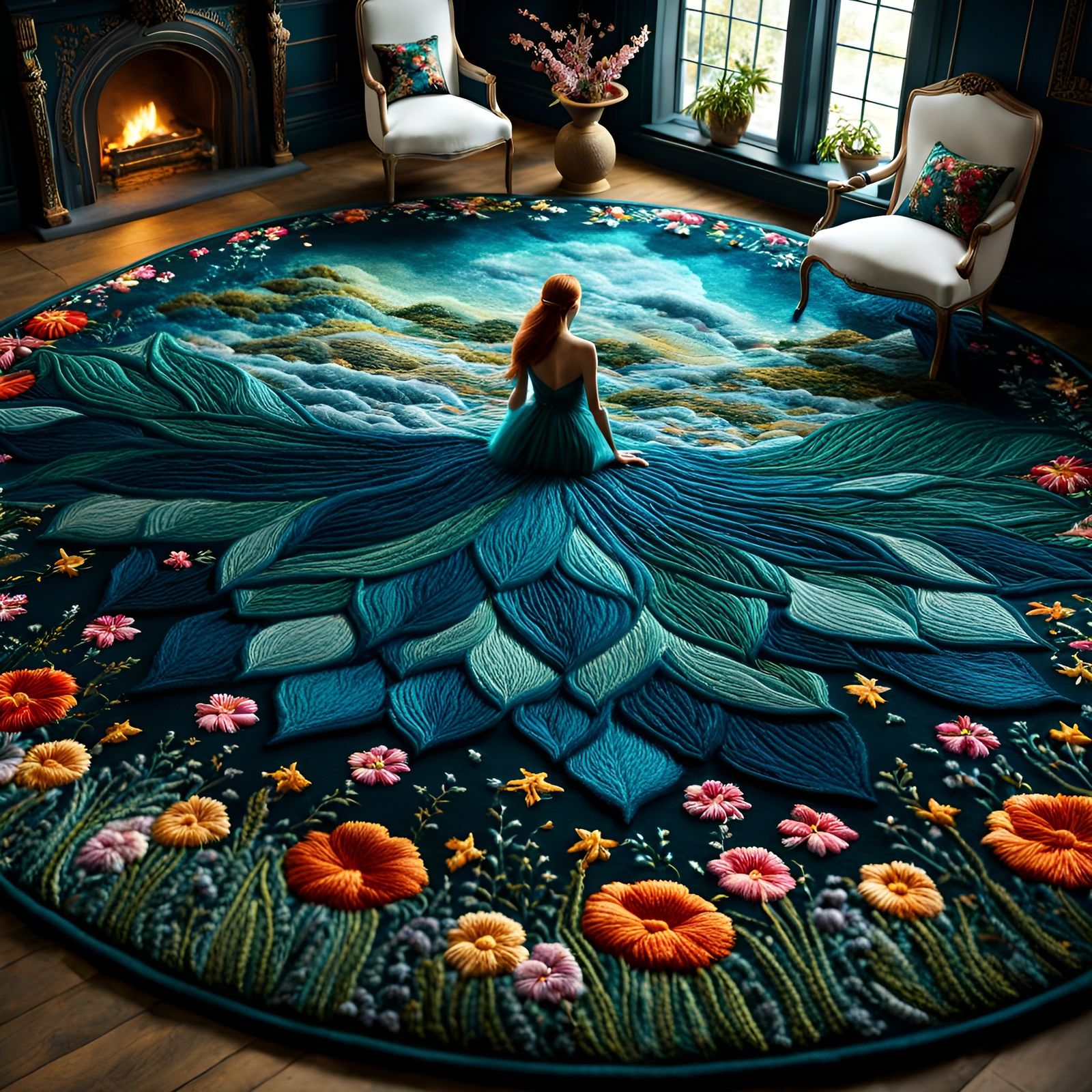 Epic Water Nymph Embroidery in Magical Realism