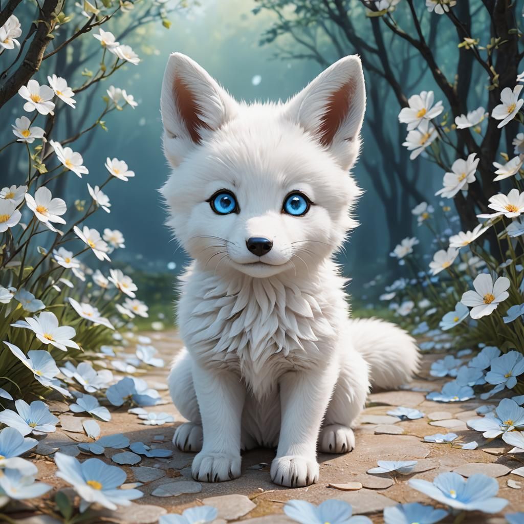Adorable White Fox Pup with Anime Eyes in 3D