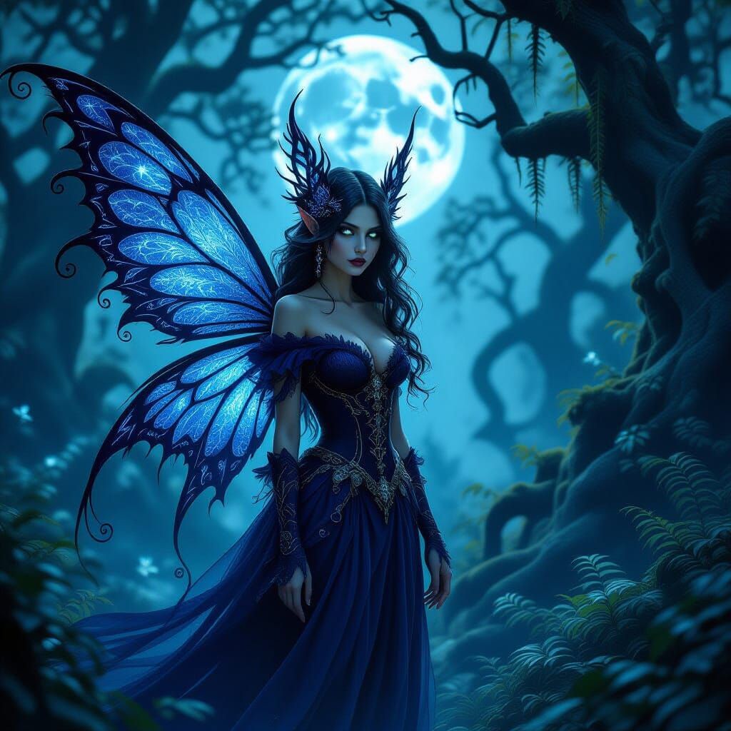 Dark Gothic Fairy in Bioluminescent Forest Art Style