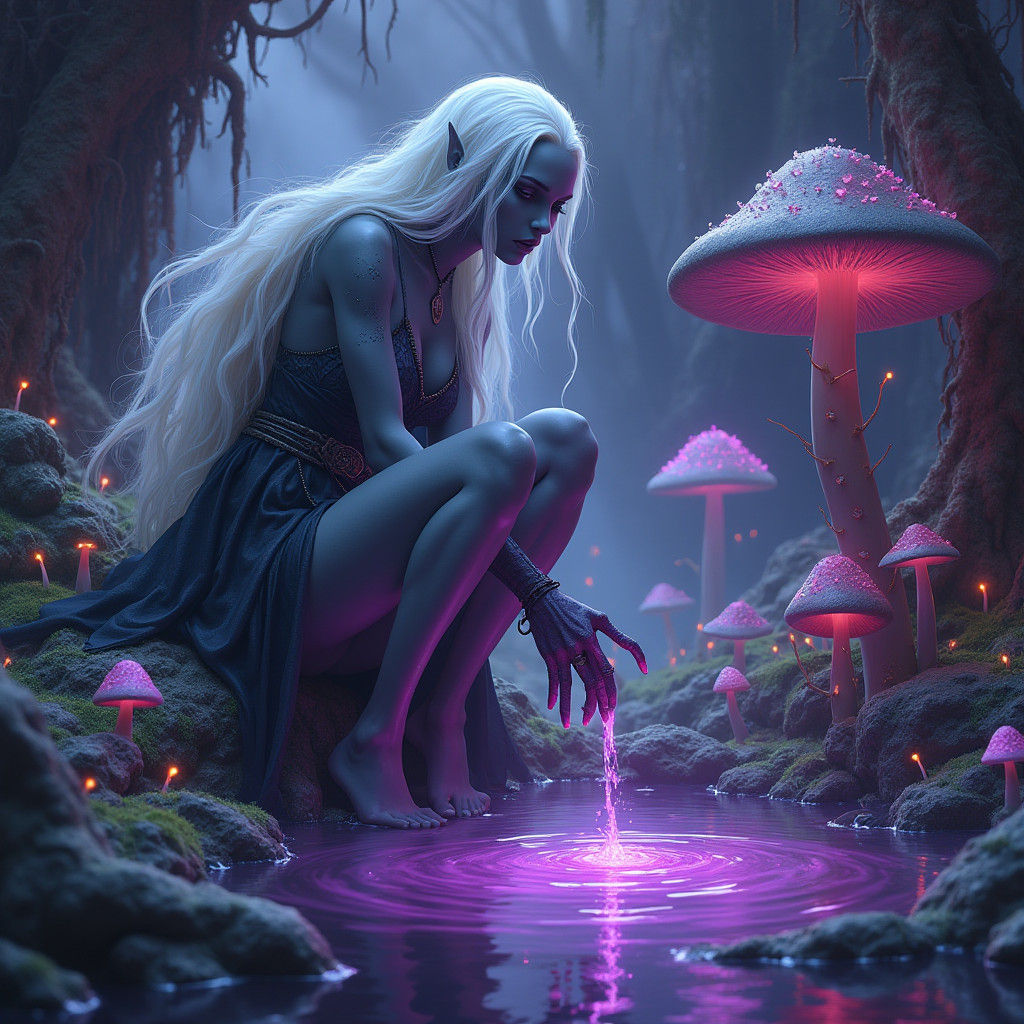 Frank Frazetta fantasy art. Medium shot. A DROW female, cleric of Lolth, the spider goddess.  The female DROW has smooth...