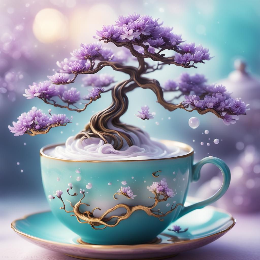 Purple Bonsai Tree Swirling in Teacup, 3D Art