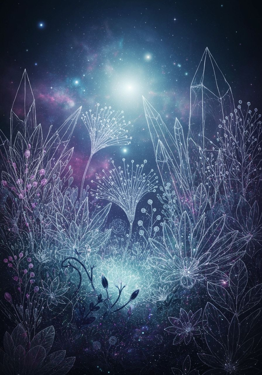 Ethereal Garden with Bioluminescent Flora Under Nebula Glow