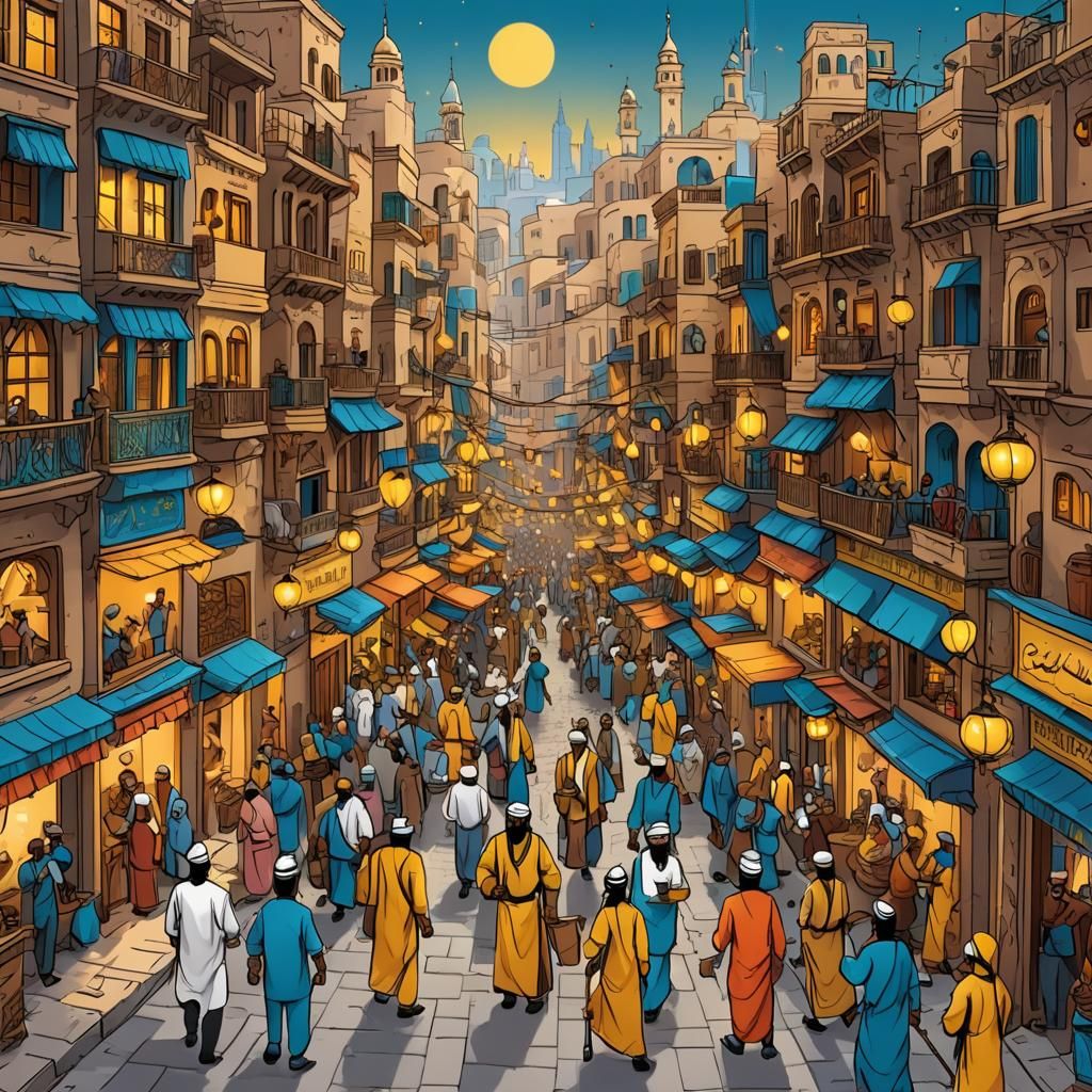 Eid al-Fitr Celebration: Cartoon Street Scene with App