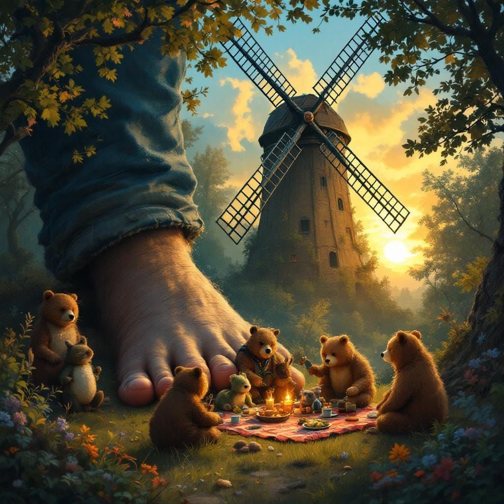 Giant Foot Crushes Woodland Picnic in Storybook Style