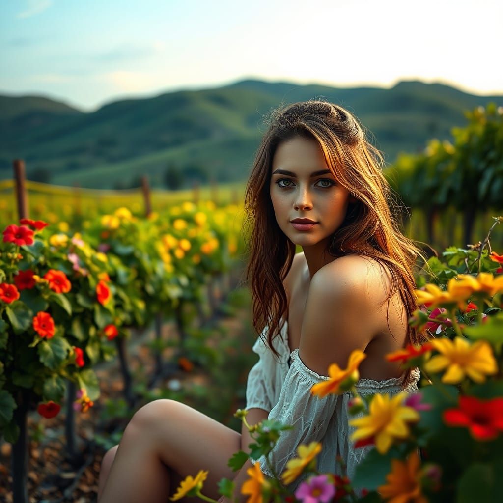 Italian Woman in Vineyard with Flowers, Photorealistic Portr...