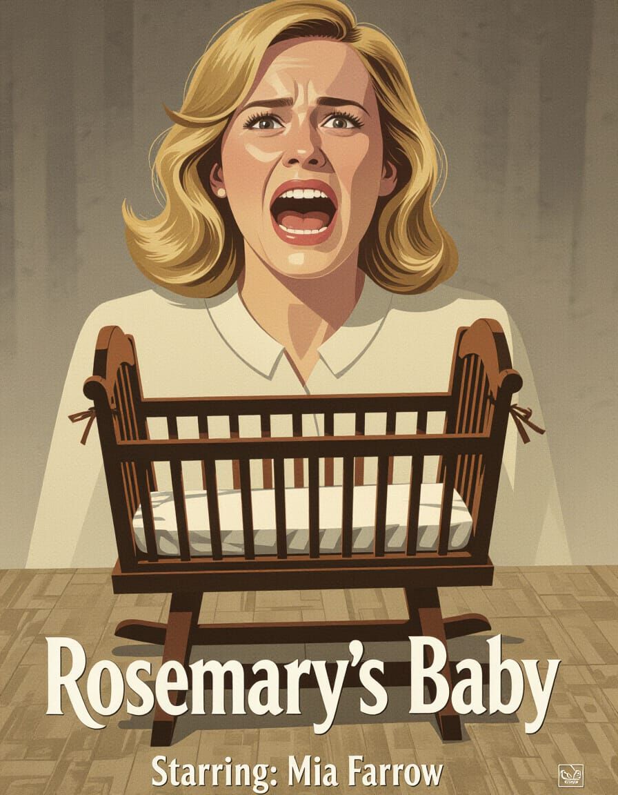 Movie Poster Art: Distraught Mother and Cradle in 70s Style