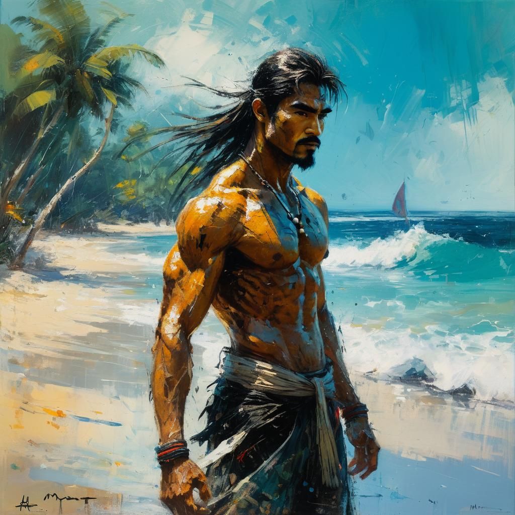Martial Artist on Tropical Beach: Impressionistic Fantasy Ar...