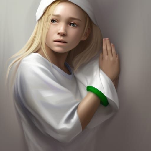 Crying Girl in Hospital Gown: Detailed Portrait