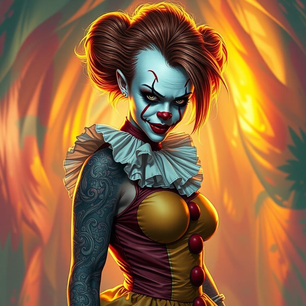 Tattooed Female Pennywise in Hyperrealistic Splash Art Style