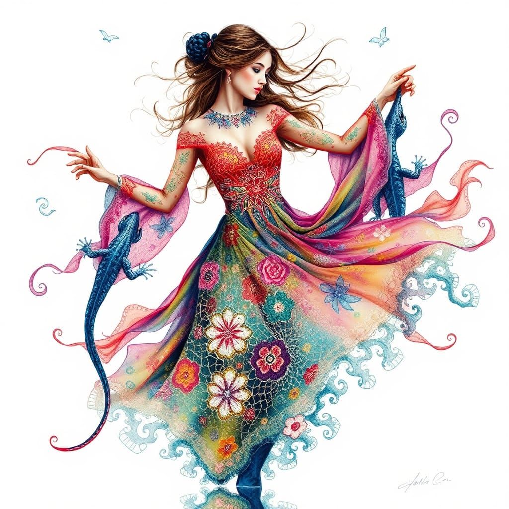 Woman Dancing in Lace Lizard Dress, Gouache Painting