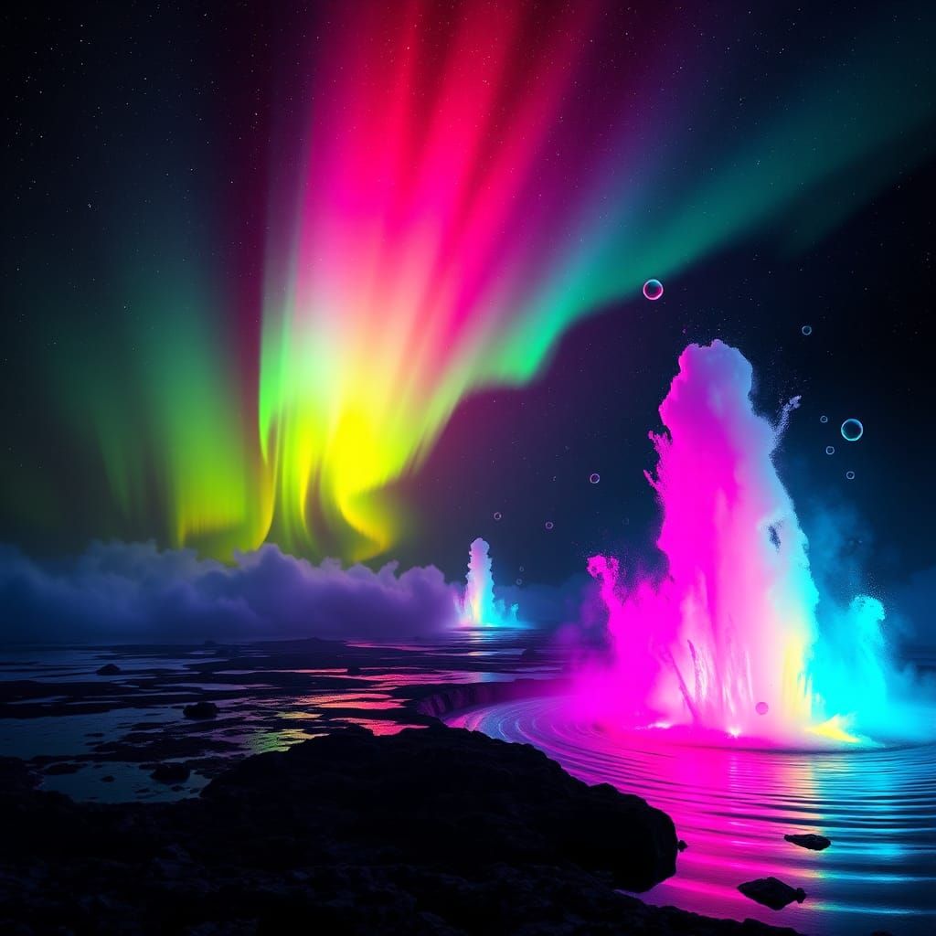 Fluorescent Aurora with Iridescent Bubbles in Night Sky