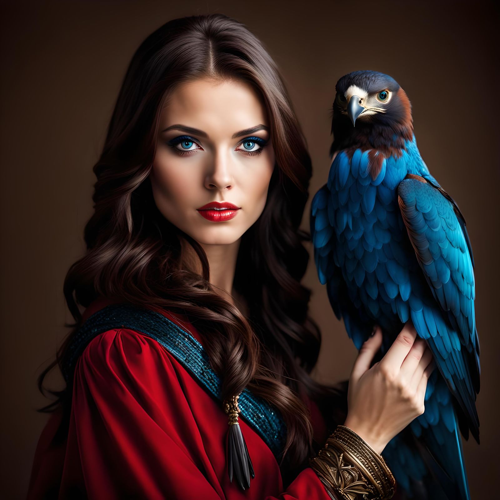 Brunette Woman with Blue Eyes Holding Falcon